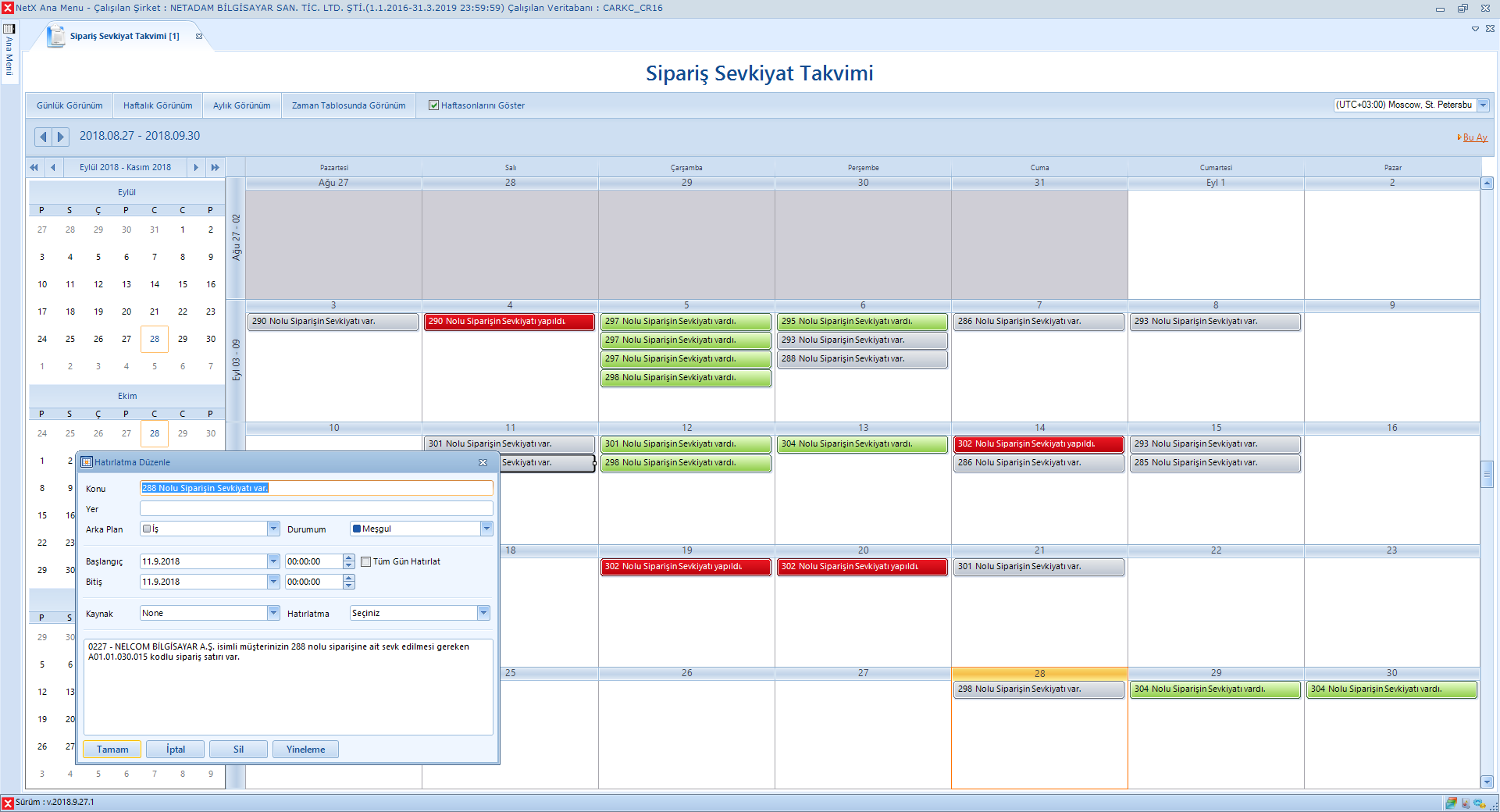 Sipariş Sevkiyat Takvimi