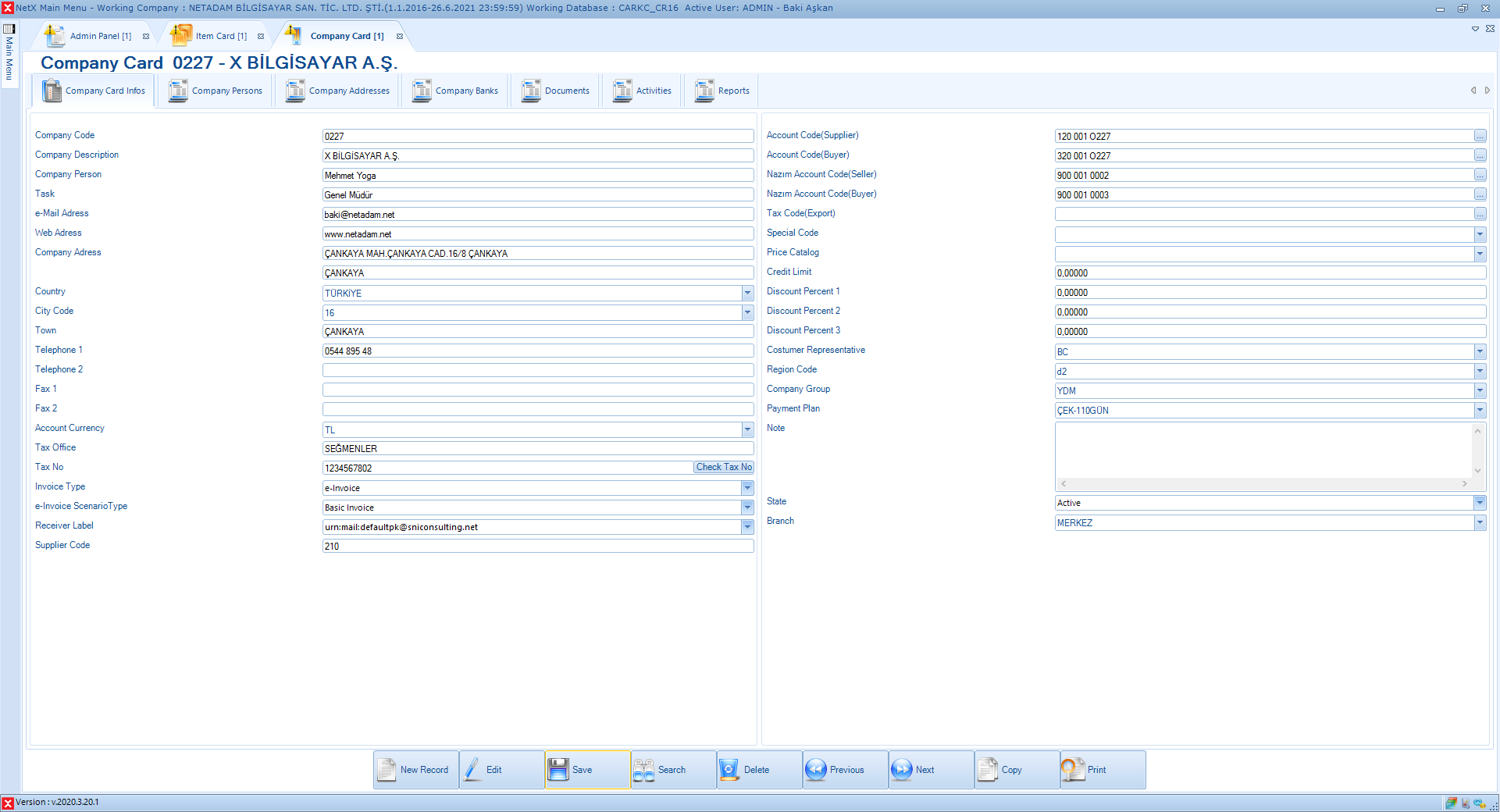 İngilizce Firma Kartı Görünümü